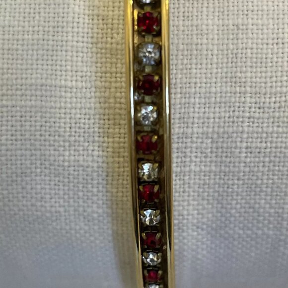 Gold Tone Solid Cylinder Bangle Bracelet Embellished With Red and Clear Crystal - Picture 4 of 6